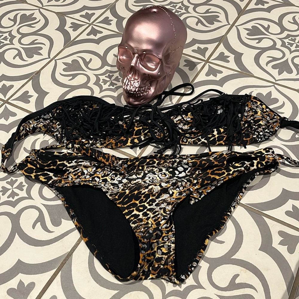 Bongo Bikini with Unique Metallic  Leopard Pattern and Fringe Top